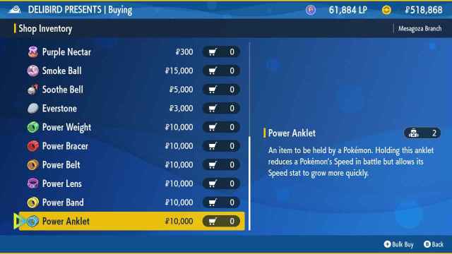 A shop interface for Delibird Presents in Pokemon Scarlet and Violet with various items for sale.