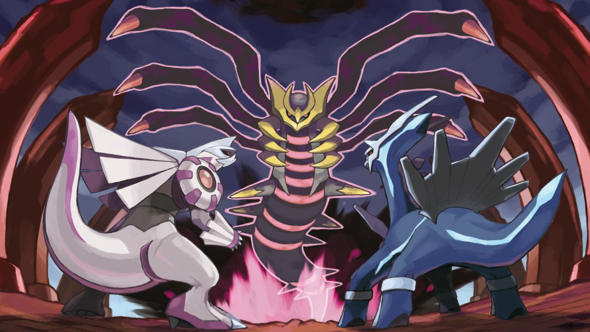 Dialga and Palkia facing Giratina in Pokémon