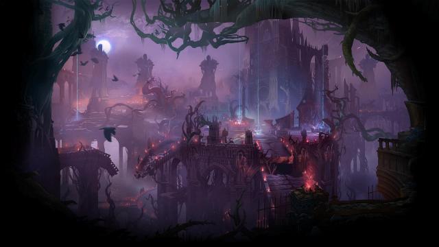 An image of the haunting Twisted Treeline, complete with an eerie, purple glow surrounding structures casting large shadows in the night.