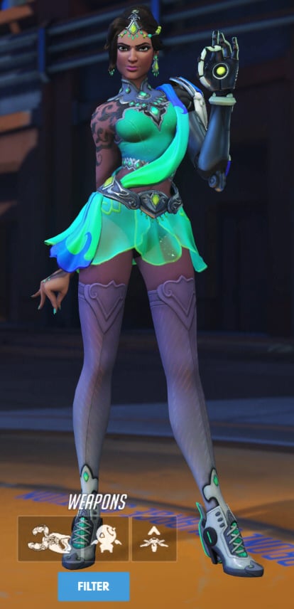 Symmetra wears a green figure skater's dress.