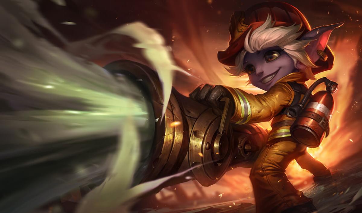 Tristana wields a firehose, spraying a stream of water while wearing a fireman outfit.