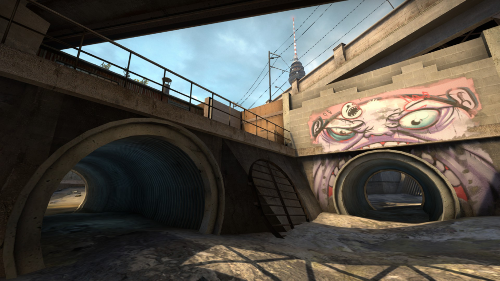 A standard view of CS:GO map Overpass near the callout 