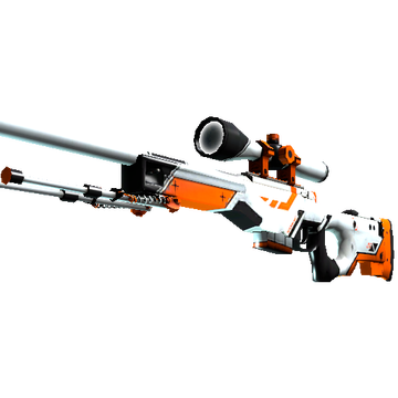 The AWP Asiimov, a sniper rifle from CS:GO painted white and orange.