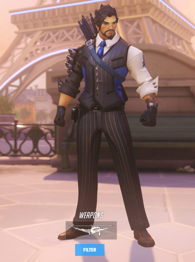 Hanzo wears a dapper pinstripe suit.