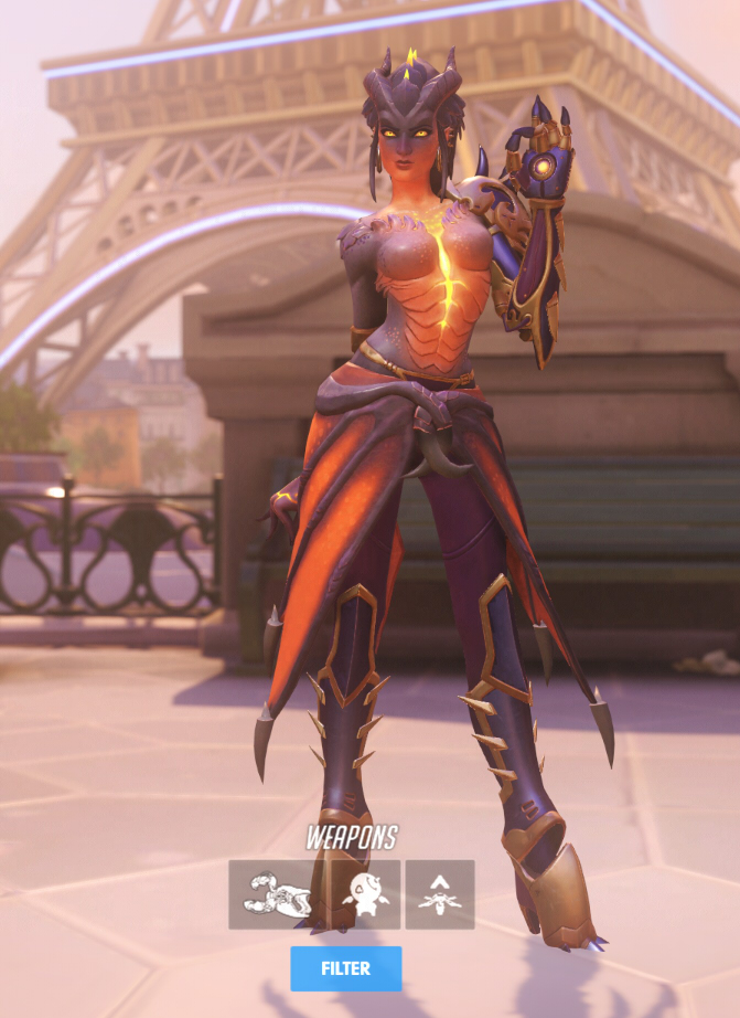 Symmetra wears a red dragon-inspired skin.