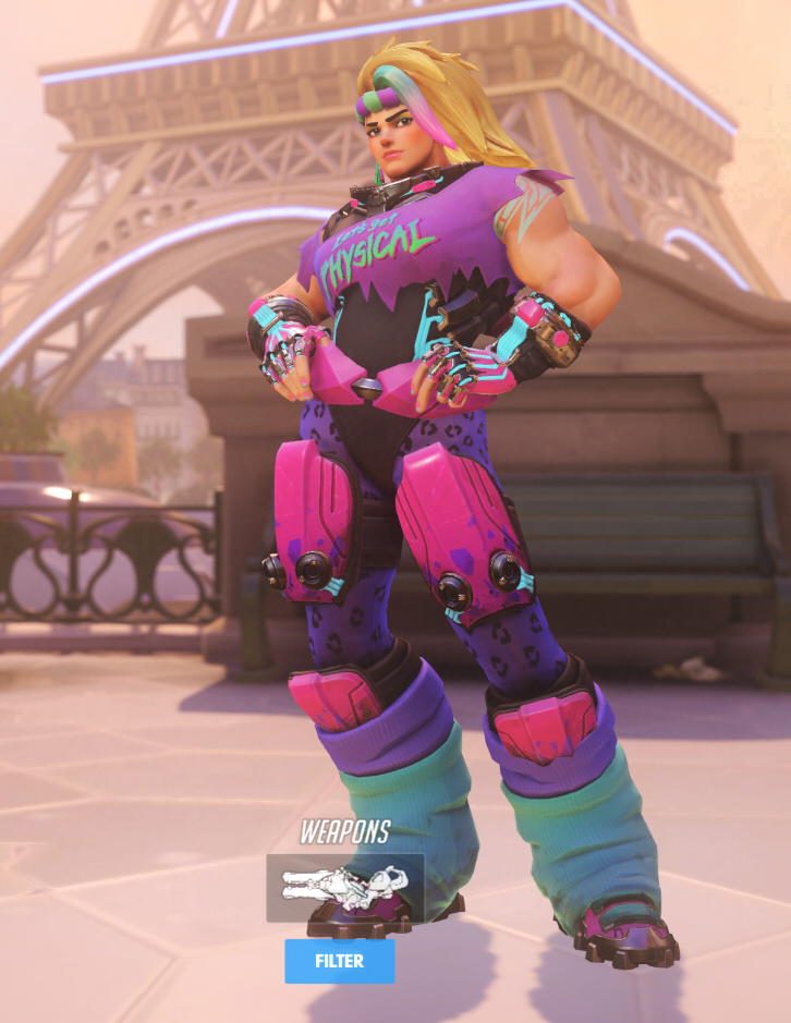 Zarya wears an 80s-inspired workout skin.