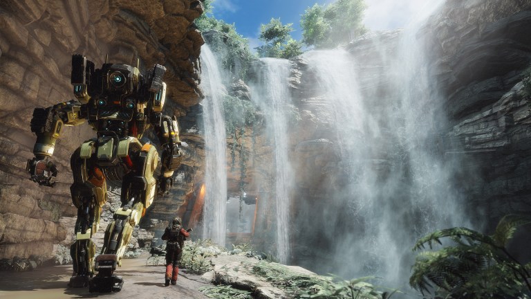 BT, a giant mech robot, walks alongside Jack Cooper, a soldier.