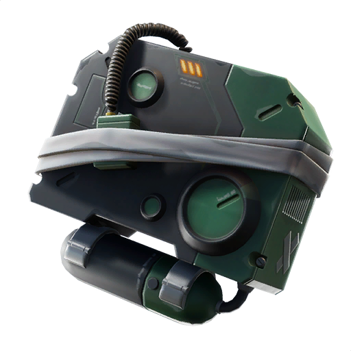 A GPU-like back bling in Fortnite in dark green and black colors.