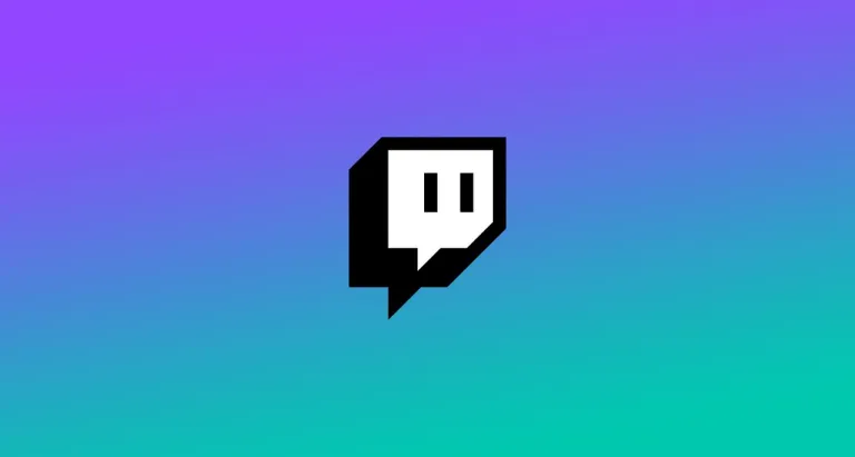 The Twitch logo on a purple and teal background.