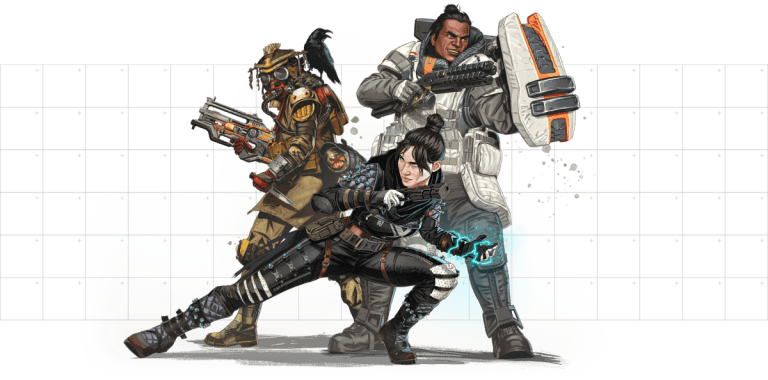 Apex characters Bloodhound, Gibraltar, and Wraith joining forces.