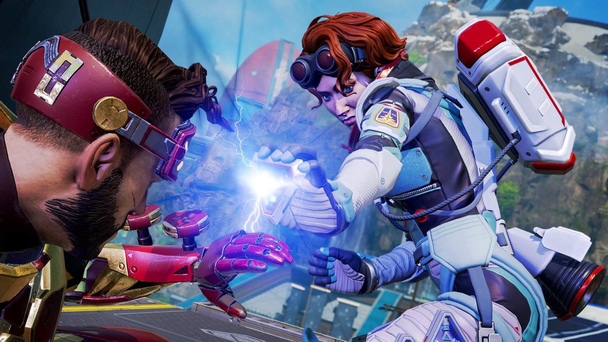 An image of Apex Legends character Horizon using an electrical weapon against Mirage.