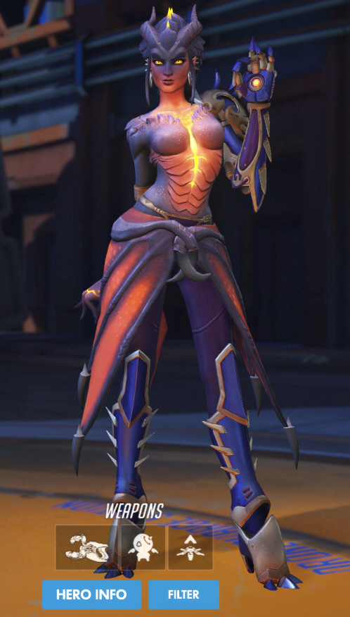 Symmetra wears a glowing red dragon-inspired skin.