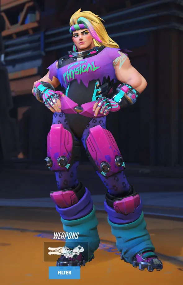 Zarya wears an Olivia Newton-John-inspired workout outfit.