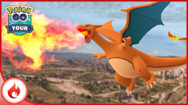 A Charizard flies through the air while breathing fire in Pokémon Go.