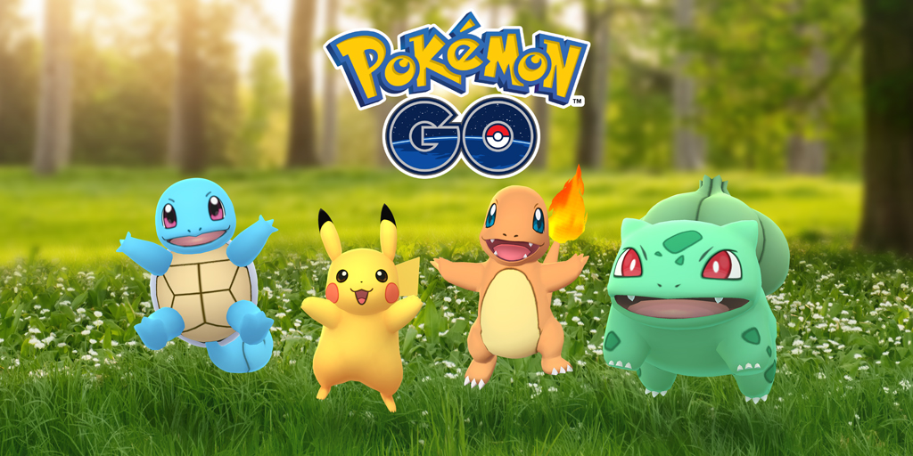 Squirtle, Pikachu, Charmander, and Squirtle smile with the Pokémon Go logo above their heads.