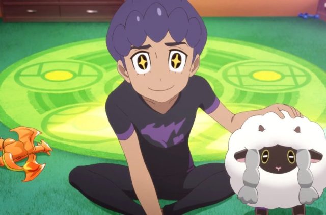 A starry eyed child sits cross-legged with its hand on a sheep Pokémon