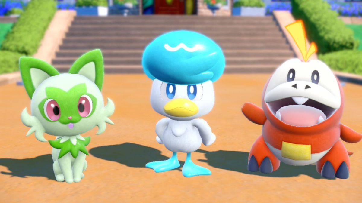 Pokemon SV starters Fuecoco, Quaxly, and Sprigatito.