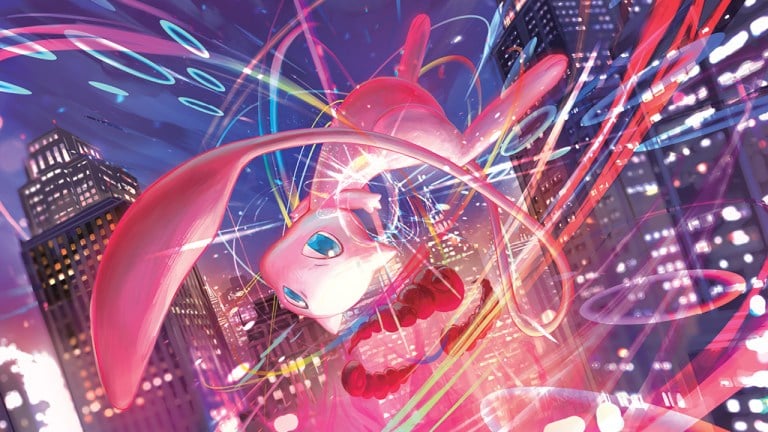 Promo art of Mew flying around from Pokemon TCG: Fusion Strike.