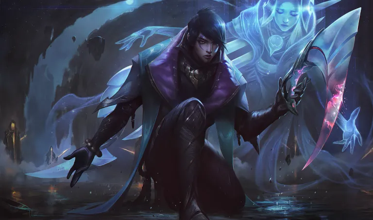 Aphelios' classic blue-and-purple splash art.