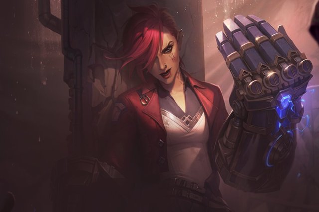 TFT vi splash art standing with giant hextech glove