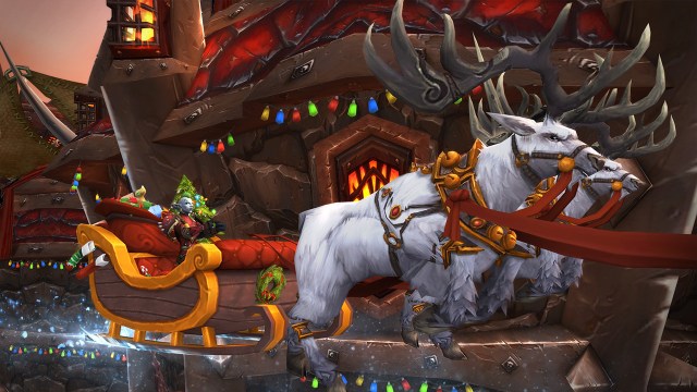 WoW Winter Veil reindeer flying over Orgrimmar.