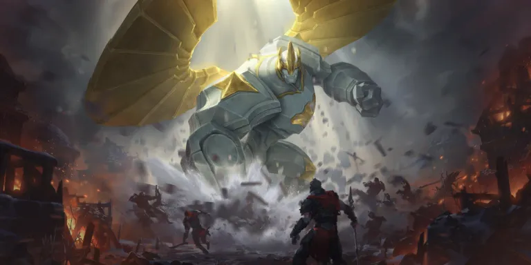 An image of Galio in Runeterra with his large golden wings expanding over a battle.