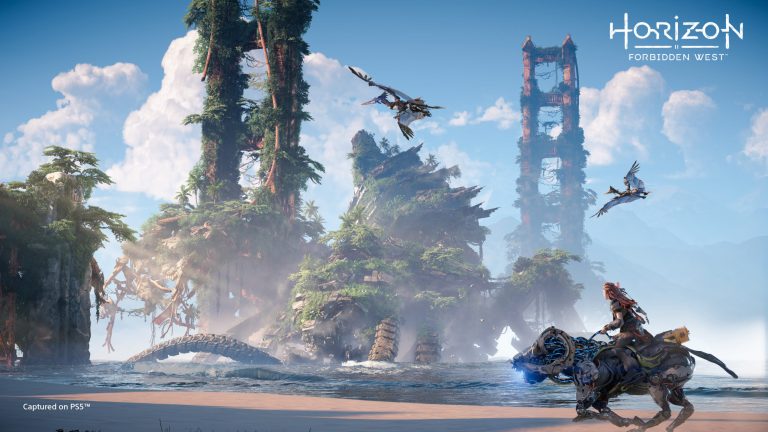 Aloy rides a Strider past a ruined Golden Gate Bridge in Horizon: Forbidden West.