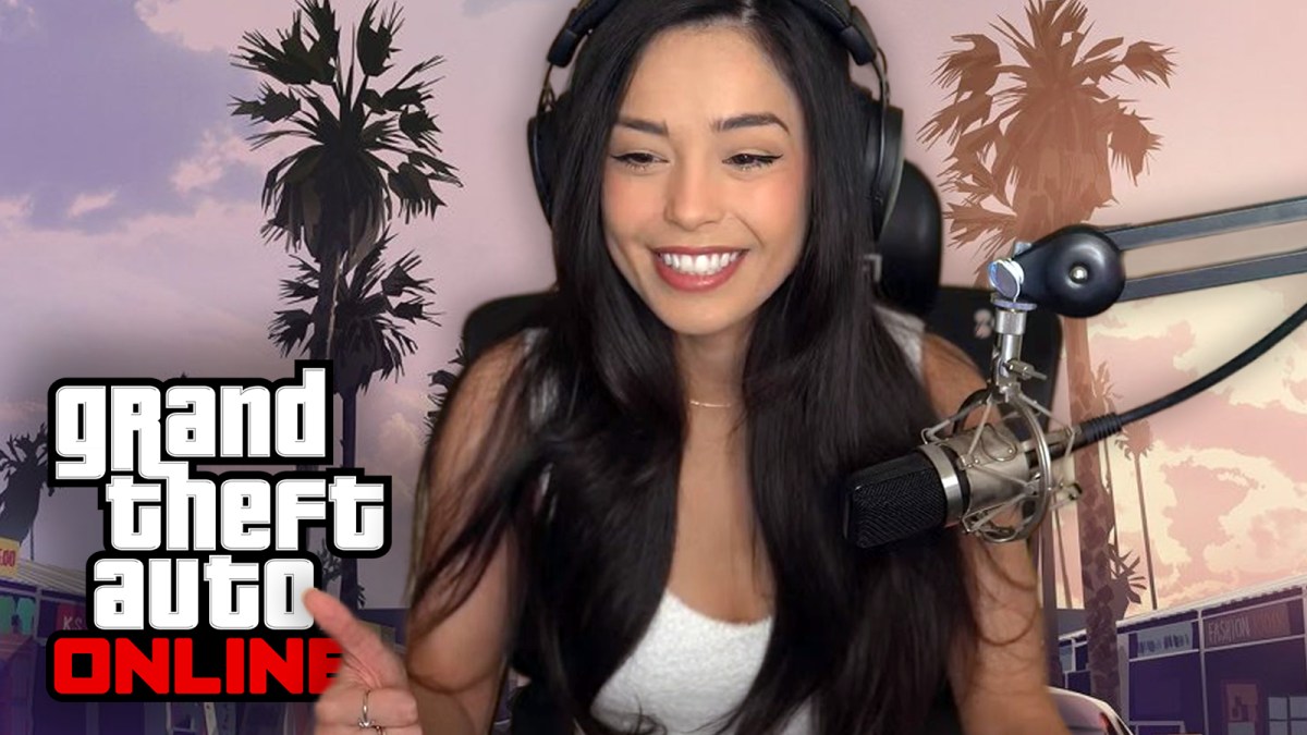 Valkyrae smiles in GTA background.