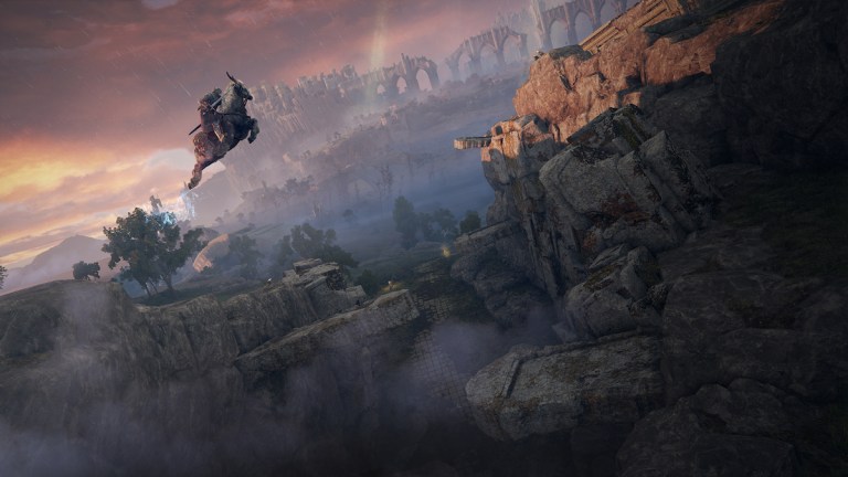 A player jumping out and over the Lands Between on Torrent in Elden Ring.