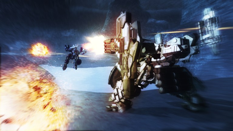 A mech from Armored Core speeds across the screen, firing rockets at an enemy.