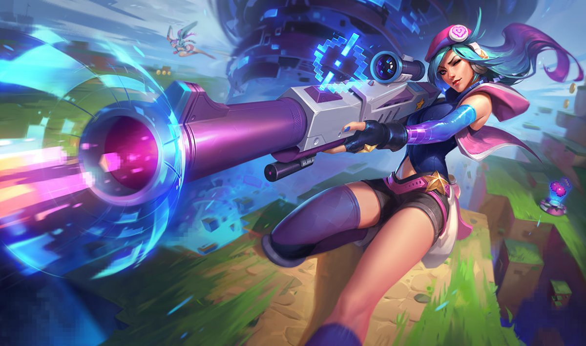 LoL's Arcade Caitlyn skin, aiming down sights of a large weapon.