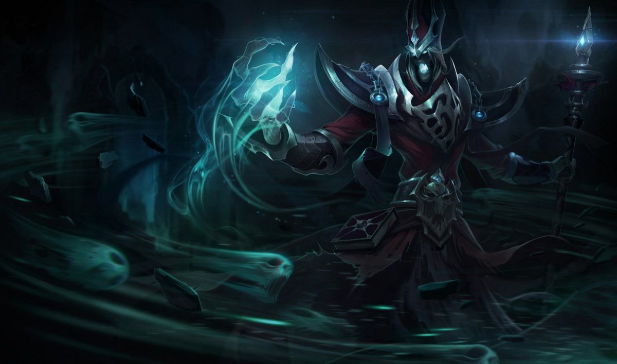 The splash art for Karthus, a ghostly warrior/priest that wields a scepter.