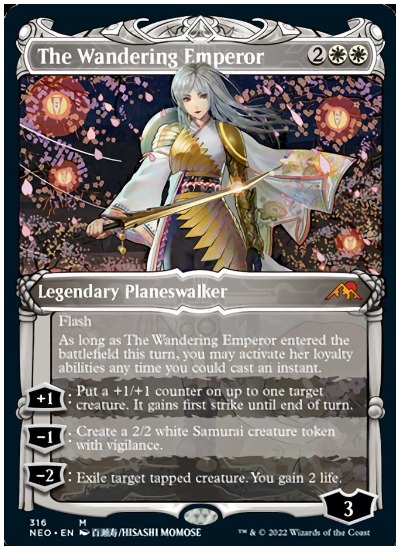 The Wandering Emperor with sword drawn and Japanese flowers and laterns in background through NEO MTG set