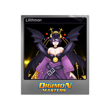 Lilithmon in Digimon Masters: a woman in a purple dress with bat wings stretching to its side. She wears a strange crown and has a seemingly golden right hand.
