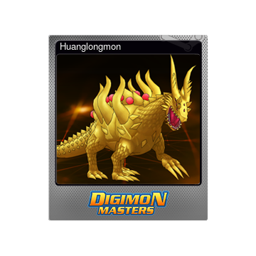 Haunglongmon monster from Digimon Masters. He is a golden dragon with spikes on his back and massive horns and he has red spots over his back as well.