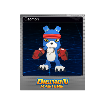 Gaomon monster from Digimon Masters. He looks like a blue furry animal and has a headband and boxing gloves.