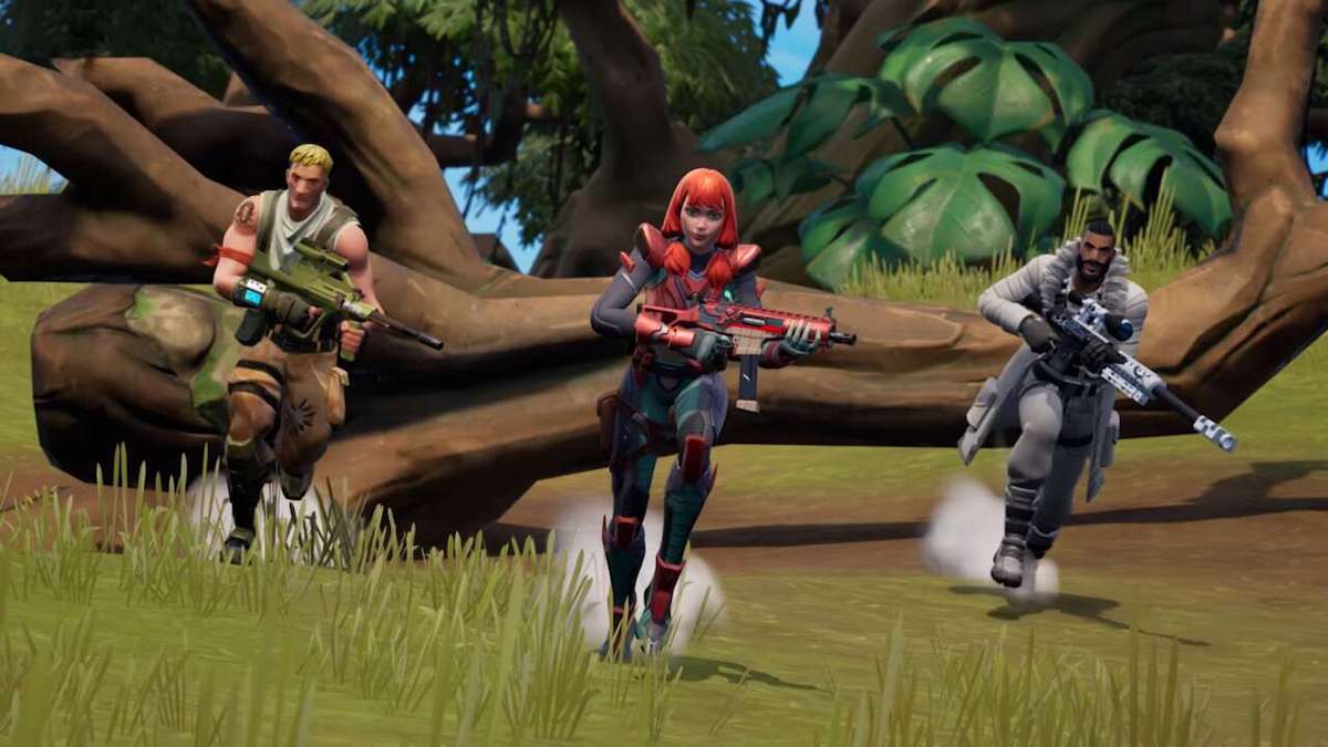 Three Fortnite characters holding guns and running.