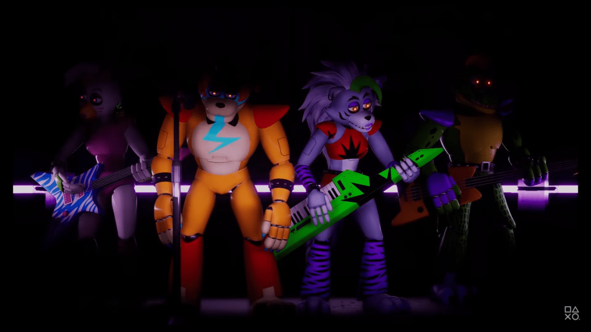 The animatronic band from Five Nights at Freddy's stands menacingly in the dark.