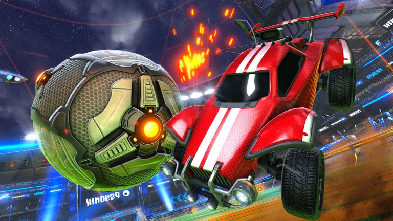 Rocket League's red car hitting a ball.