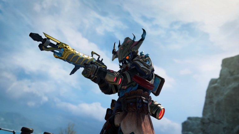 Bloodhound, wearing a horned helmet, aims a weapon forward against a blue sky.