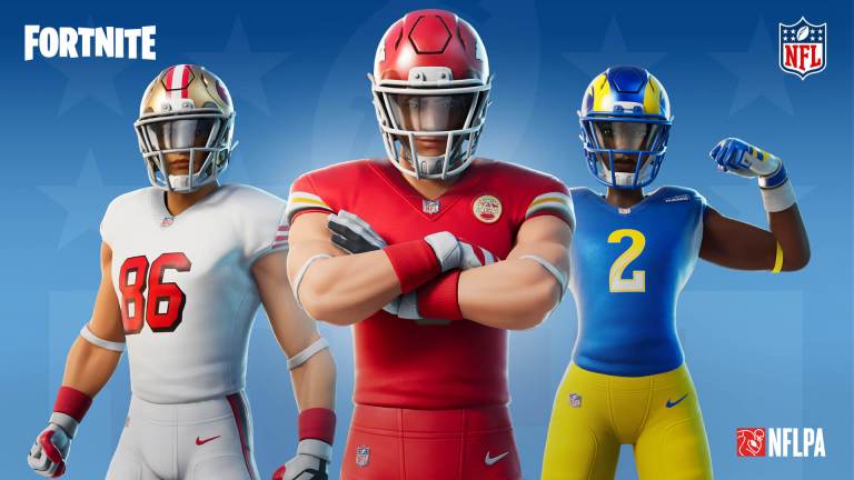 Three football players stand, each in either a red, blue, or white jersey