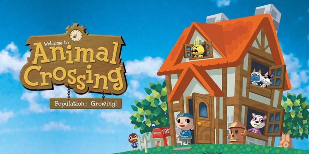 The Animal Crossing logo alongside a house full of animals.