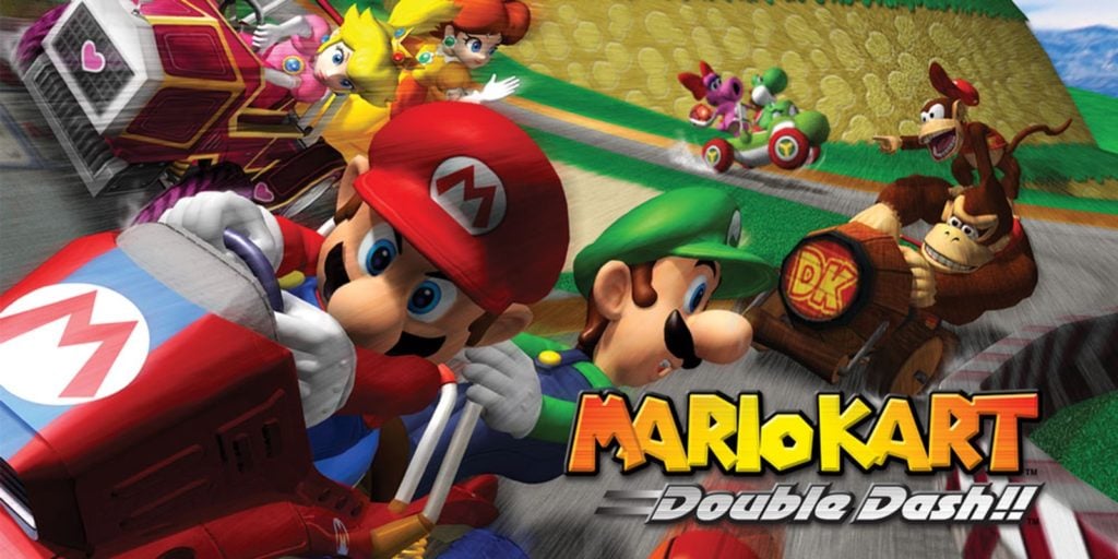 Mario and Luigi out-race their opponents on the Double Dash promo art.