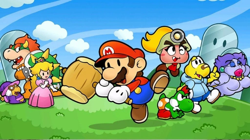 Mario and company pose with a giant hammer in the Paper Mario key art.