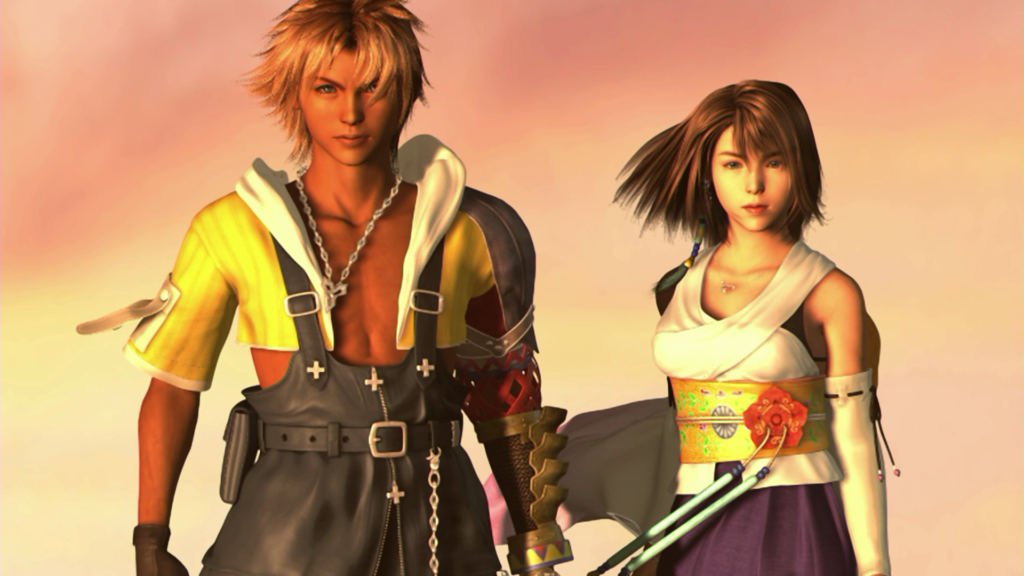 Tidus and Yuna stand in front of the sunset in a screenshot from Final Fantasy X.