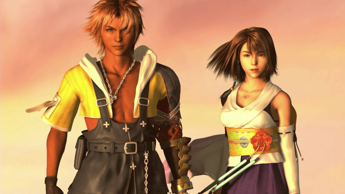 Tidus and Yuna stand in front of the sunset in a screenshot from Final Fantasy X.