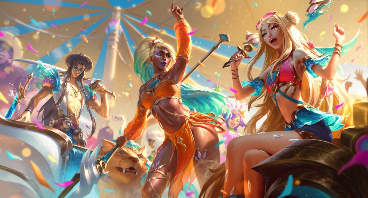 The splash art of Ocean Song Yone, Nidalee, and Seraphine, all dressed for the beach while dancing and singing in a summer festival.