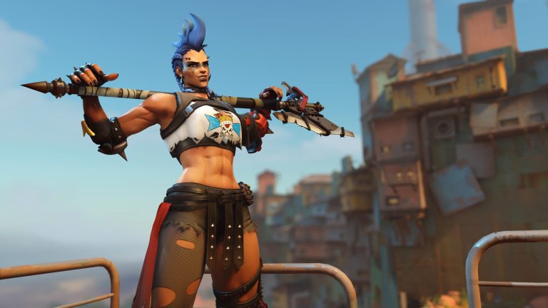 The Junker Queen stands in front of Junkertown, her domain in Overwatch 2.