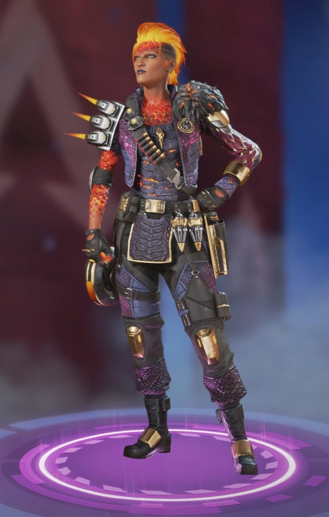 Mad Maggie's hair is aflame and her skin is lava in the Lava Queen skin.