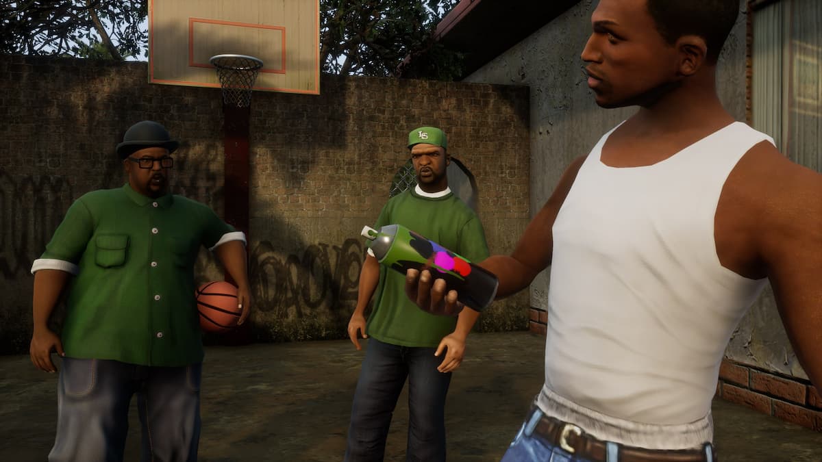 CJ, big smoke, and sweet stood on grove street. sweet and smoke are wearing green, cj is in hi sstarting white vest